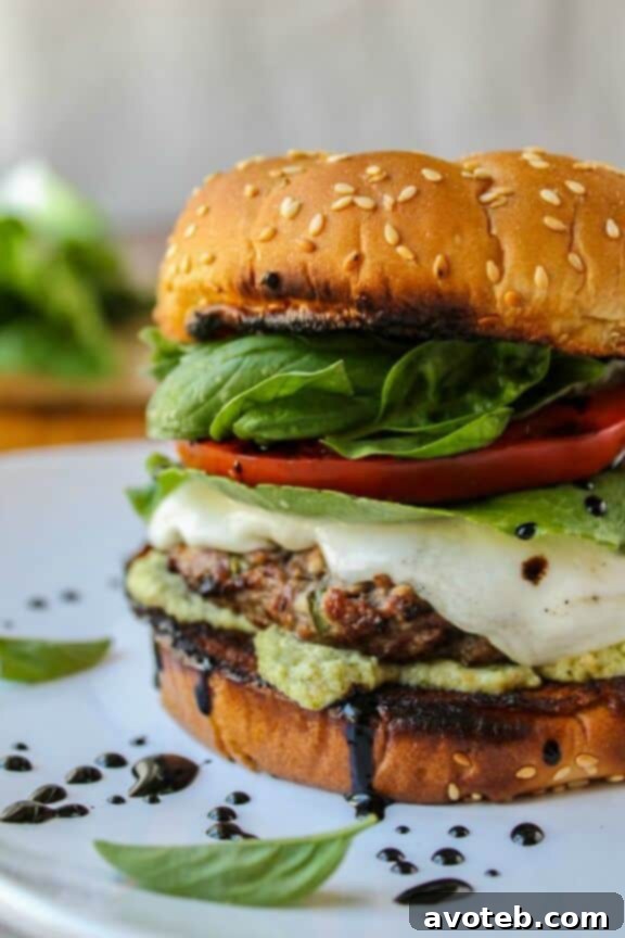 Caprese Burger with Artichoke Pesto Sauce | thefoodcharlatan.com