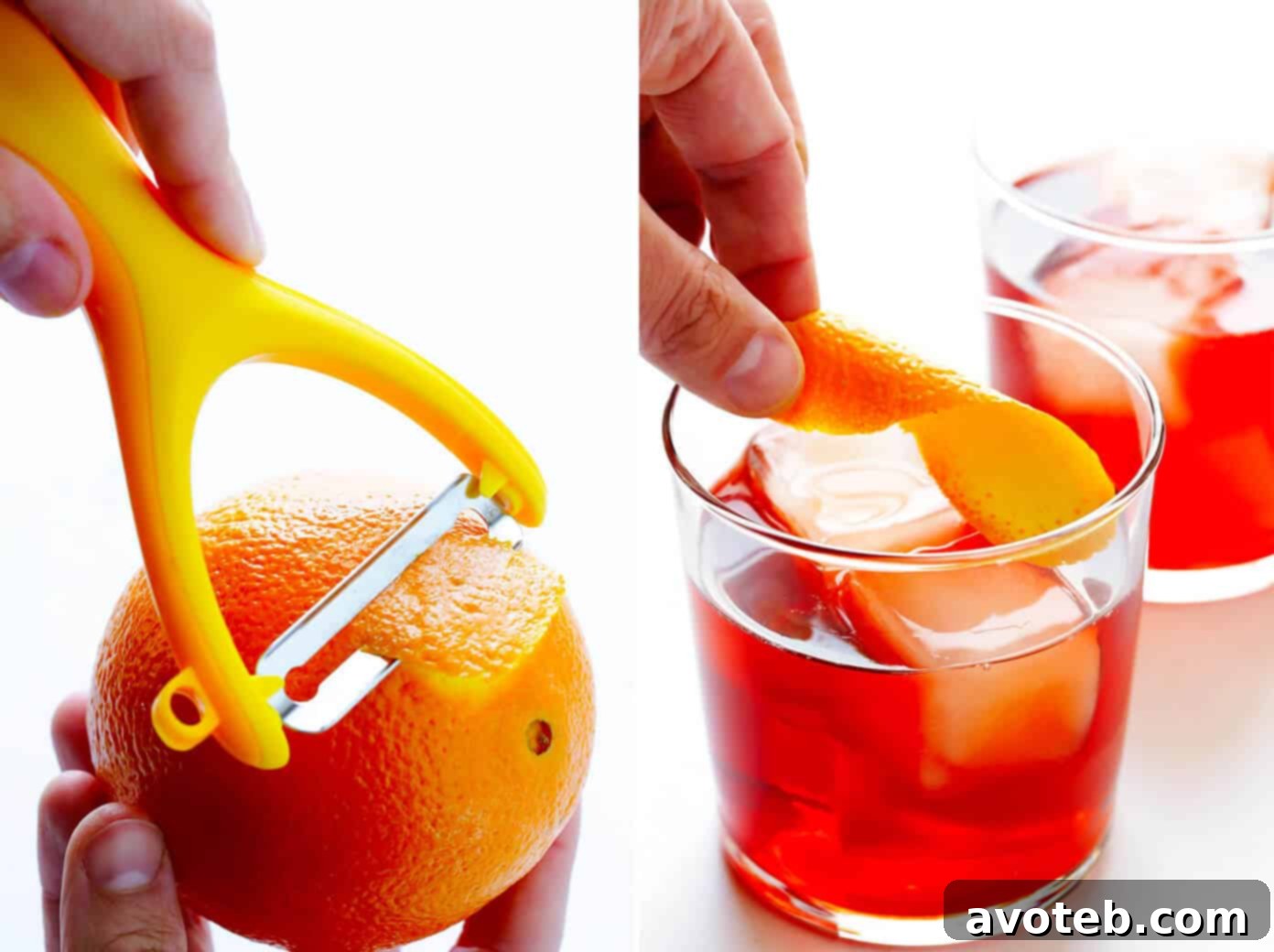 Master the simple yet effective technique of twisting an orange peel: the perfect aromatic garnish to elevate your Negroni cocktail. Step-by-step guide on how to prepare an orange peel garnish by twisting it over a cocktail to release essential oils