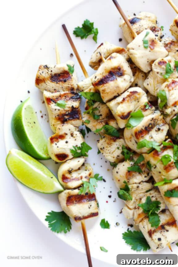 Tequila Lime Chicken Kabobs on skewers, ready for grilling