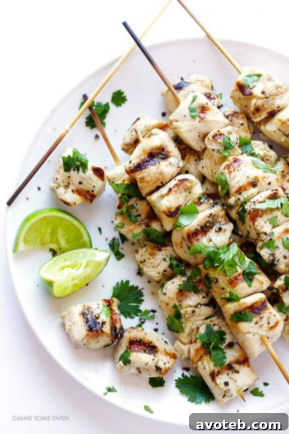 Close-up of grilled Tequila Lime Chicken Kabobs, juicy and tender