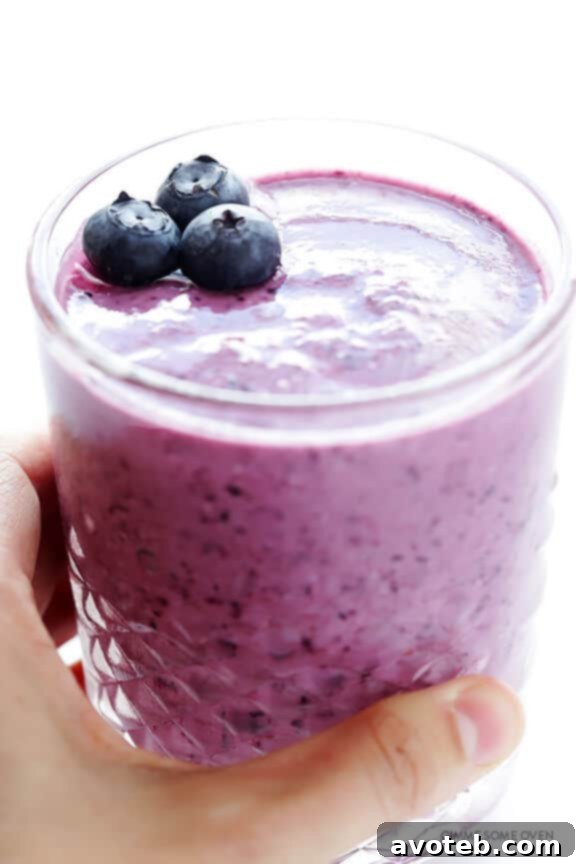 Liquid Blueberry Muffin 7 Overhead shot of the Blueberry Muffin Smoothie, showing its inviting texture and the fresh blueberry garnish.