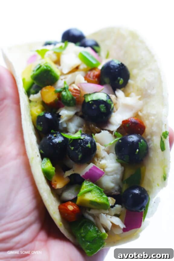 Finished Fish Tacos with Blueberry-Almond Salsa