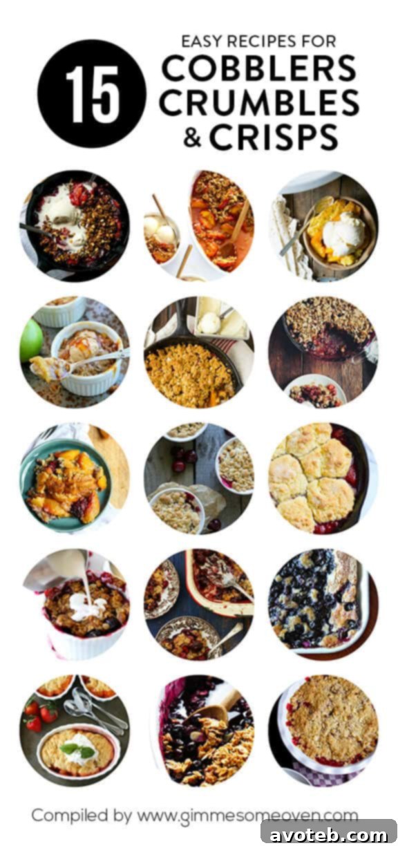 A vibrant collection of summer fruit cobblers, crumbles, and crisps, showcasing various fruit fillings and golden brown toppings, perfect for warm weather desserts.