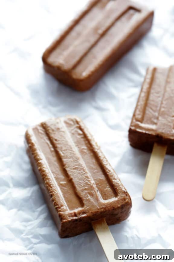 Close-up of a delicious homemade Chocolate Peanut Butter Fudge Pop, perfect for a hot day.