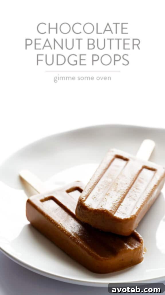 Final display of Chocolate Peanut Butter Fudge Pops, ready to be enjoyed as a summer treat.