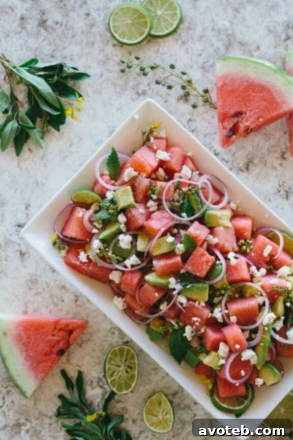 Watermelon, Avocado and Mint Salad with Feta Cheese | foolproofliving.com