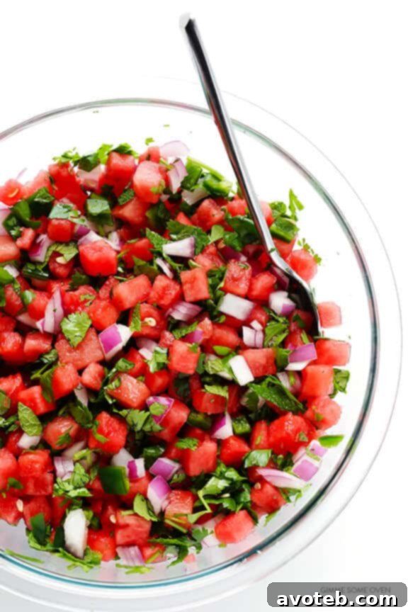 Refreshing Watermelon Salsa served with tortilla chips, perfect for summer gatherings.