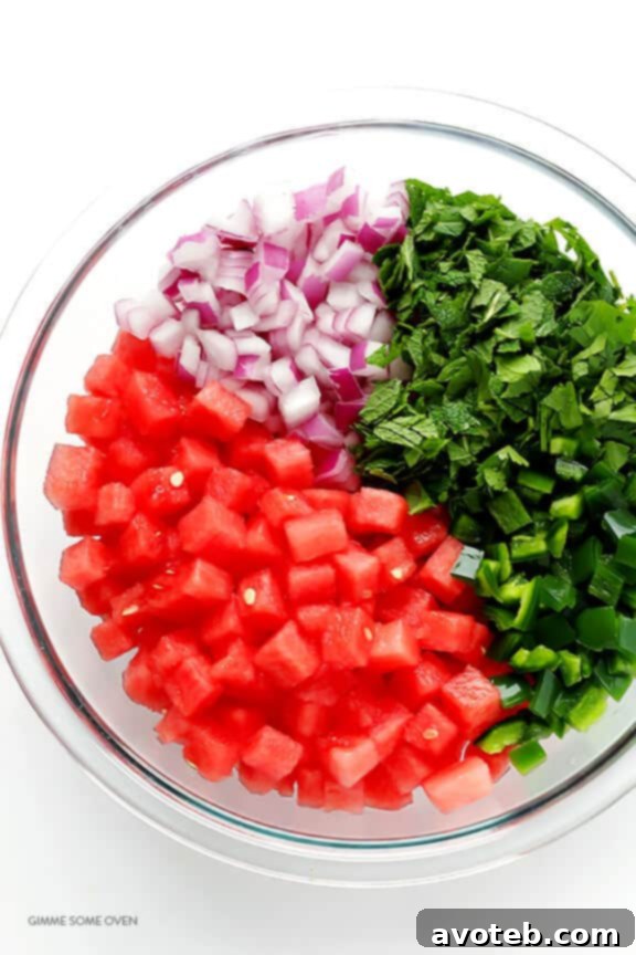 Close-up of freshly diced watermelon for salsa.