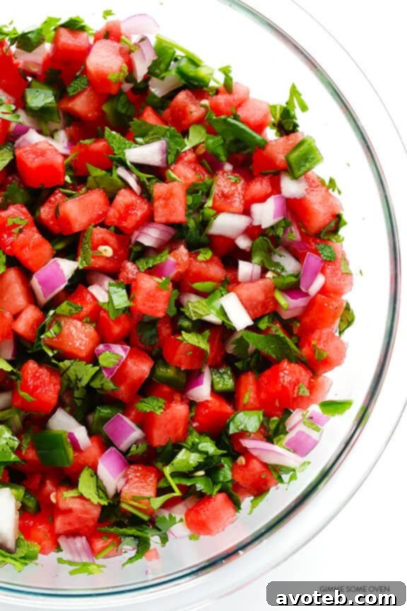 Fresh watermelon salsa in a bowl, close up, showing vibrant colors.