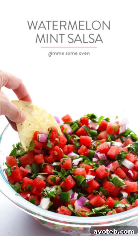 Watermelon salsa served in a glass bowl, ready to be enjoyed.