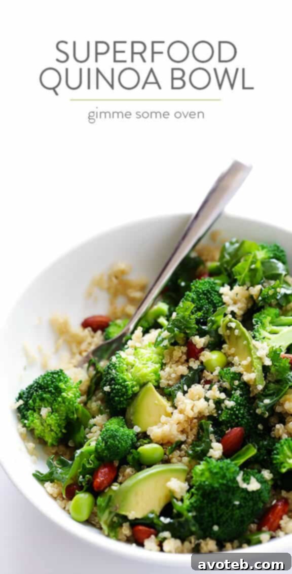 Overhead shot of the completed Easy Superfood Quinoa Bowl, showcasing vibrant colors and enticing textures for a perfect healthy meal.