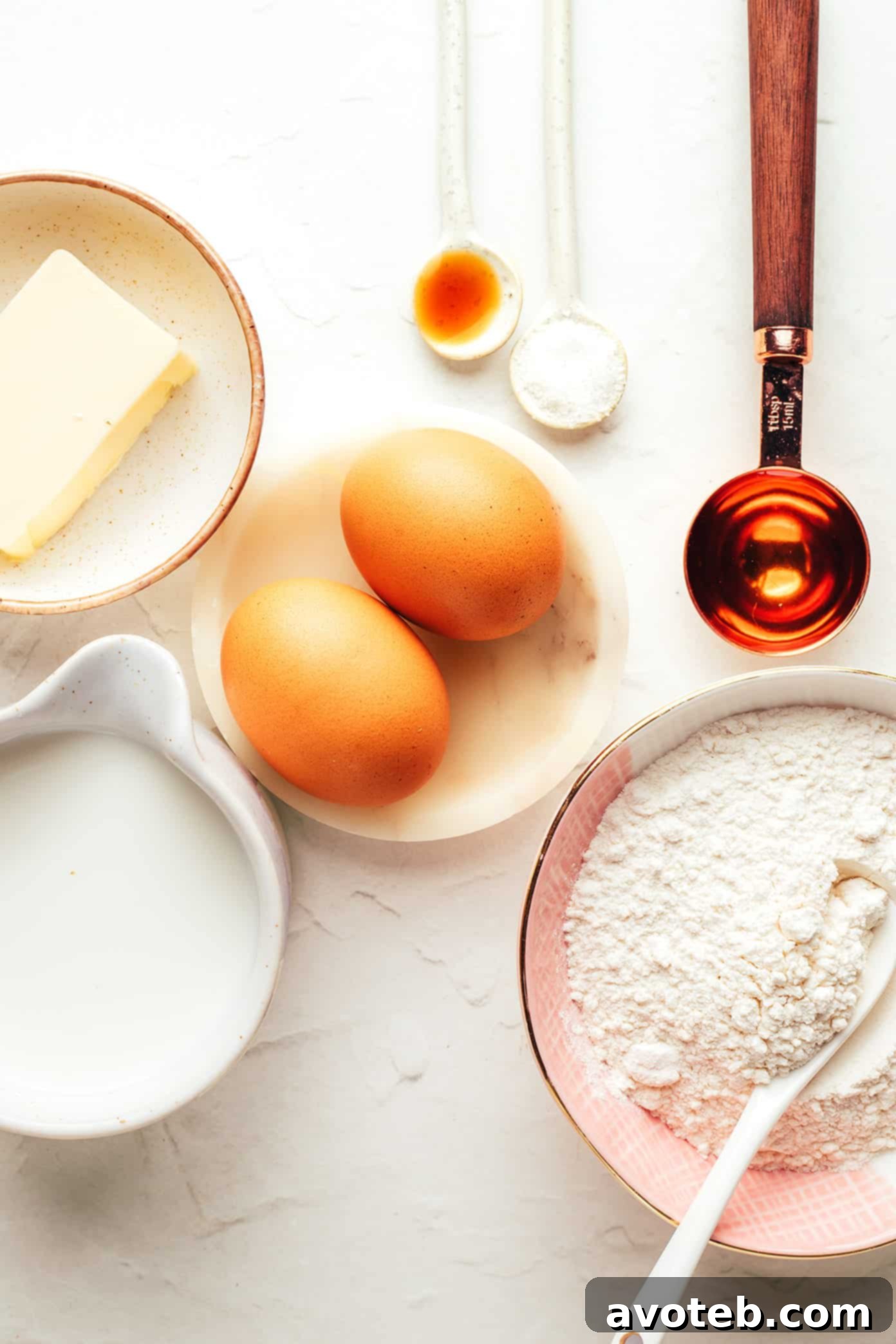 Ingredients for homemade crepe batter laid out