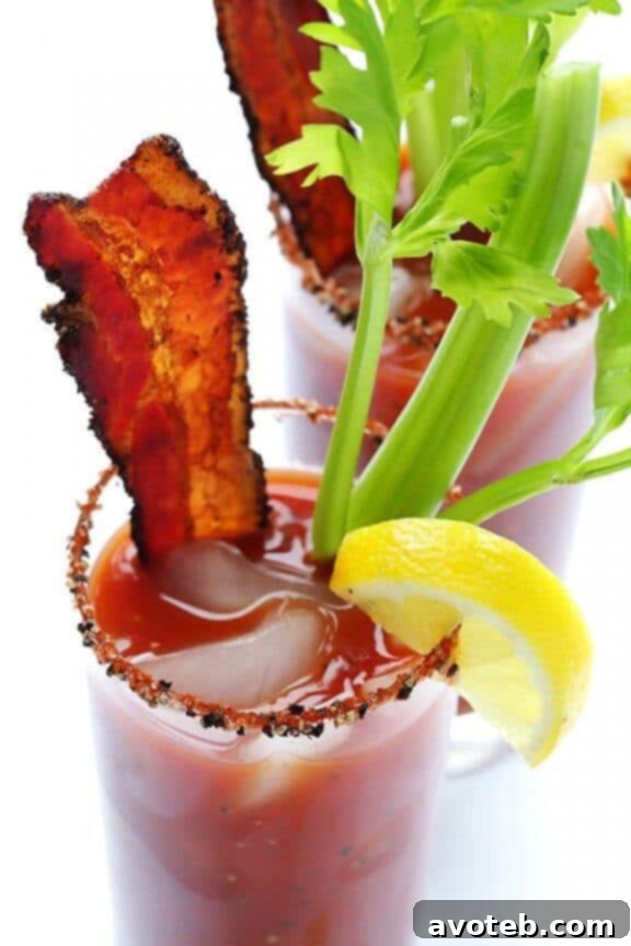 A savory Peppered Bacon Bloody Mary, garnished with crispy bacon and fresh ingredients, ideal for brunch.