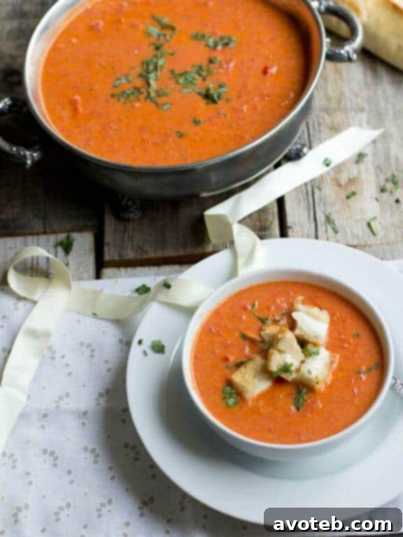 Roasted Tomato Basil Soup with Mini Grilled Cheese "Croutons," a comforting classic with a fun and delicious twist.