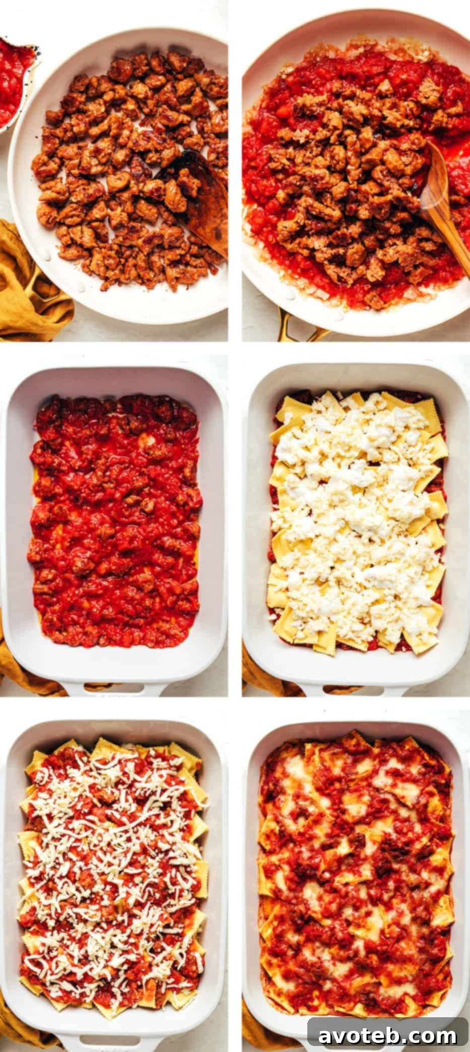 Step by step photos showing how to make ravioli lasagna