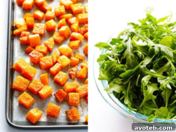 5-Ingredient Butternut Squash Pasta with Arugula and Goat Cheese 4 A serving of homemade Butternut Squash, Arugula, and Goat Cheese Pasta on a white plate