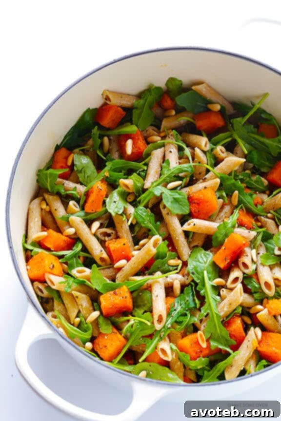5-Ingredient Butternut Squash Pasta with Arugula and Goat Cheese 10 Final plated dish of 5-Ingredient Butternut Squash, Arugula, and Goat Cheese Pasta, highlighting the textures and colors