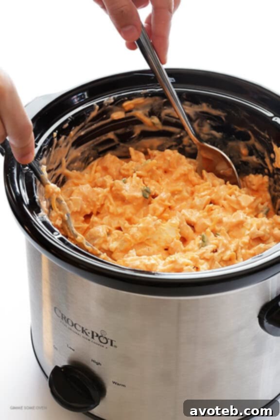 Ultimate Buffalo Chicken Appetizer 4 All ingredients combined in the slow cooker.