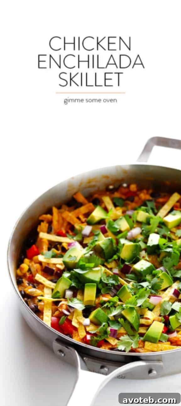 Overhead shot of Easy Chicken Enchilada Skillet, garnished and ready to eat