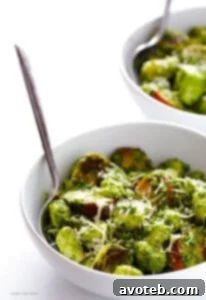 Gnocchi with Brussels Sprouts, Chicken Sausage and Kale Pesto served in a bowl
