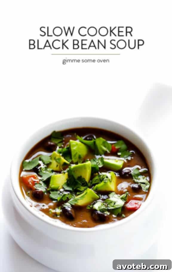 Delicious Slow Cooker Black Bean Soup ready to be served and enjoyed.
