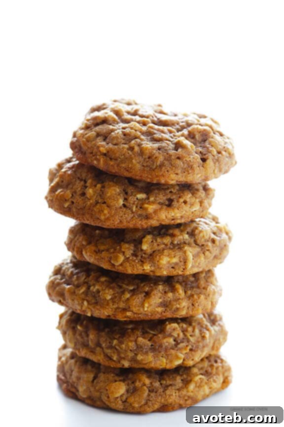 A pristine stack of golden Whole Wheat Oatmeal Cookies presented on a clean white plate, creating an inviting visual of deliciousness, ready to be served and enjoyed.
