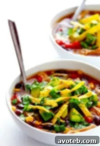 A bowl of Slow Cooker Chicken Tortilla Soup with toppings
