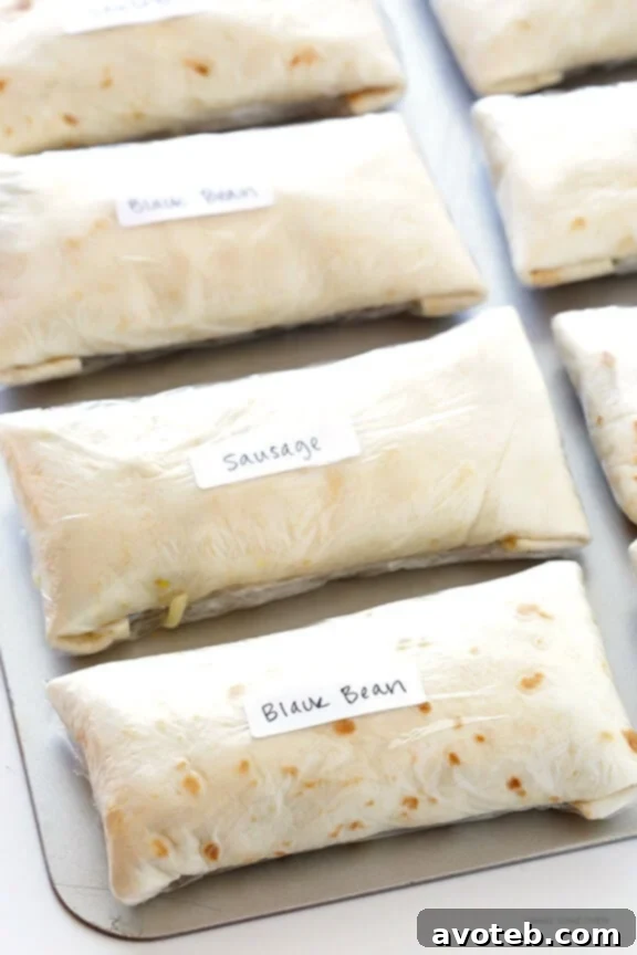 Meal Prep Breakfast Burritos 7 A freshly reheated Freezer Breakfast Burrito, cut in half to show the hearty, delicious filling.