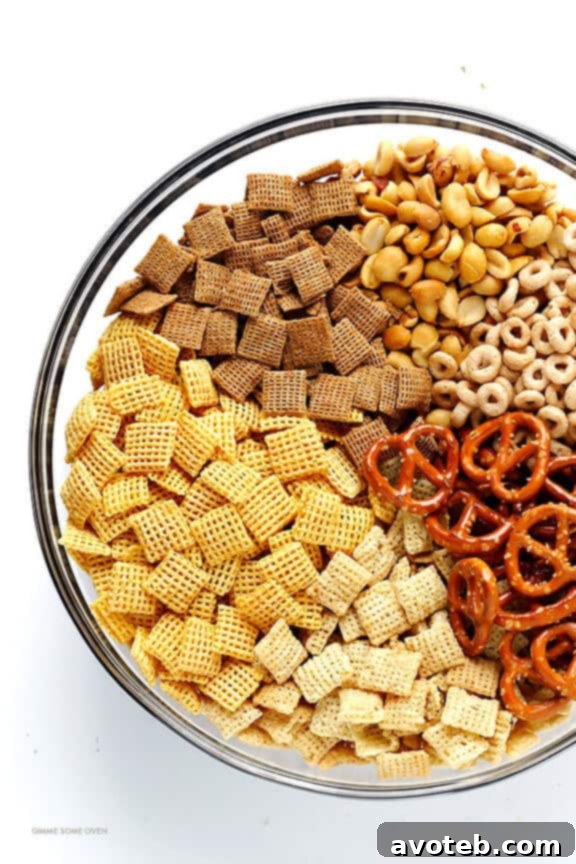 Various Chex cereals: Rice Chex, Corn Chex, and Wheat Chex ready for mixing.