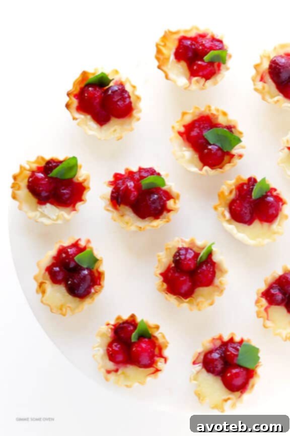 Gooey Cranberry Brie Bites 10 Finished Cranberry Baked Brie Bites, garnished with a sprig of fresh basil, arranged artfully on a serving dish