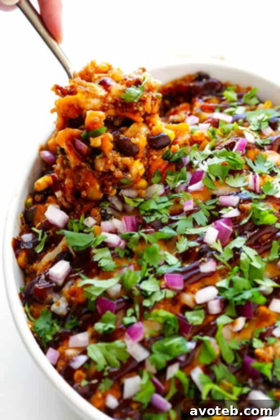 Delicious BBQ Chicken Quinoa Casserole, a perfect one-dish meal with only 6 main ingredients.