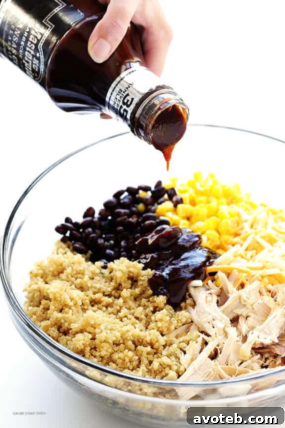 Preparing the BBQ Chicken Quinoa Casserole, showcasing the key ingredients before mixing.