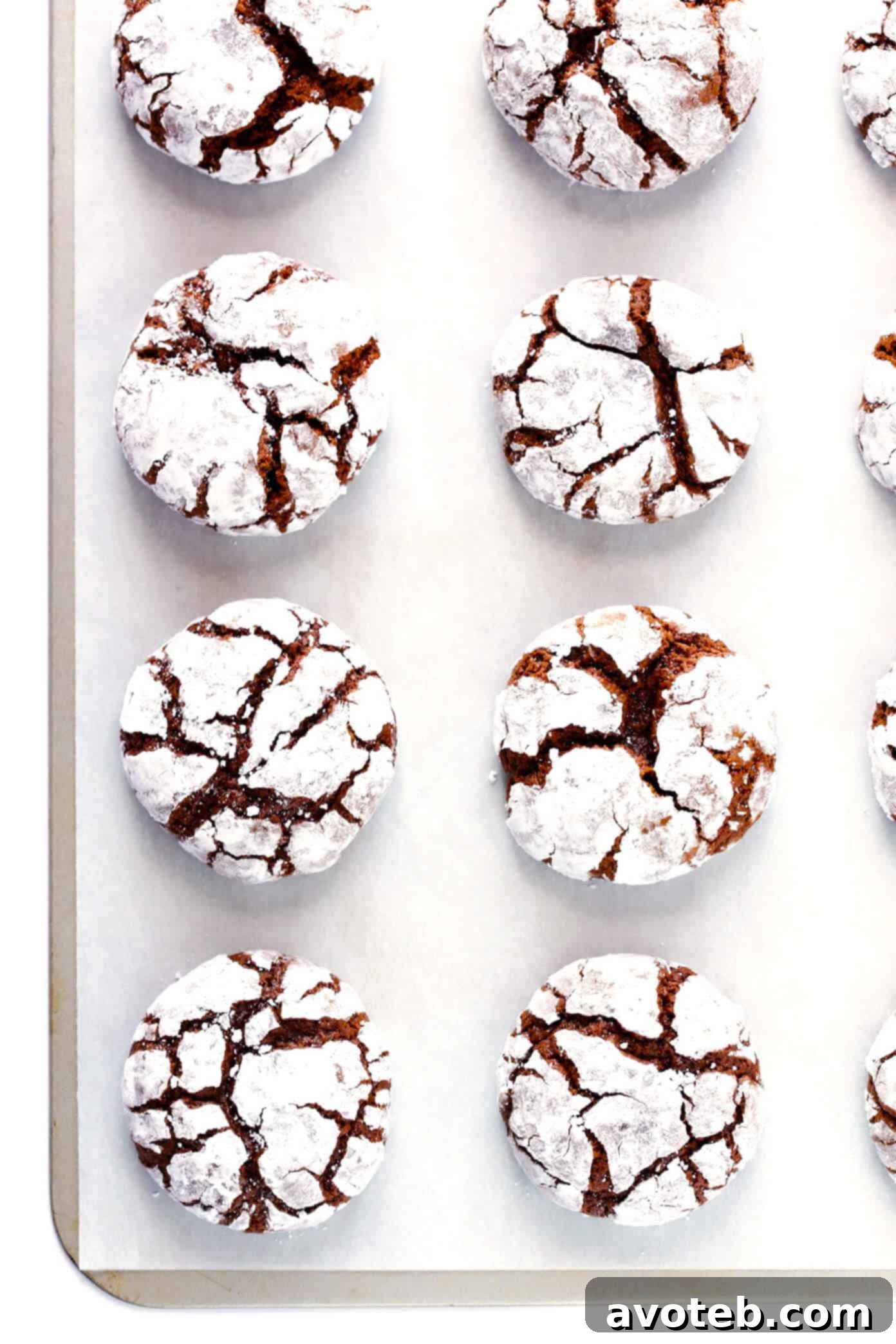 Fudgy Chocolate Crinkle Cookies dusted with powdered sugar, perfect for holiday baking.