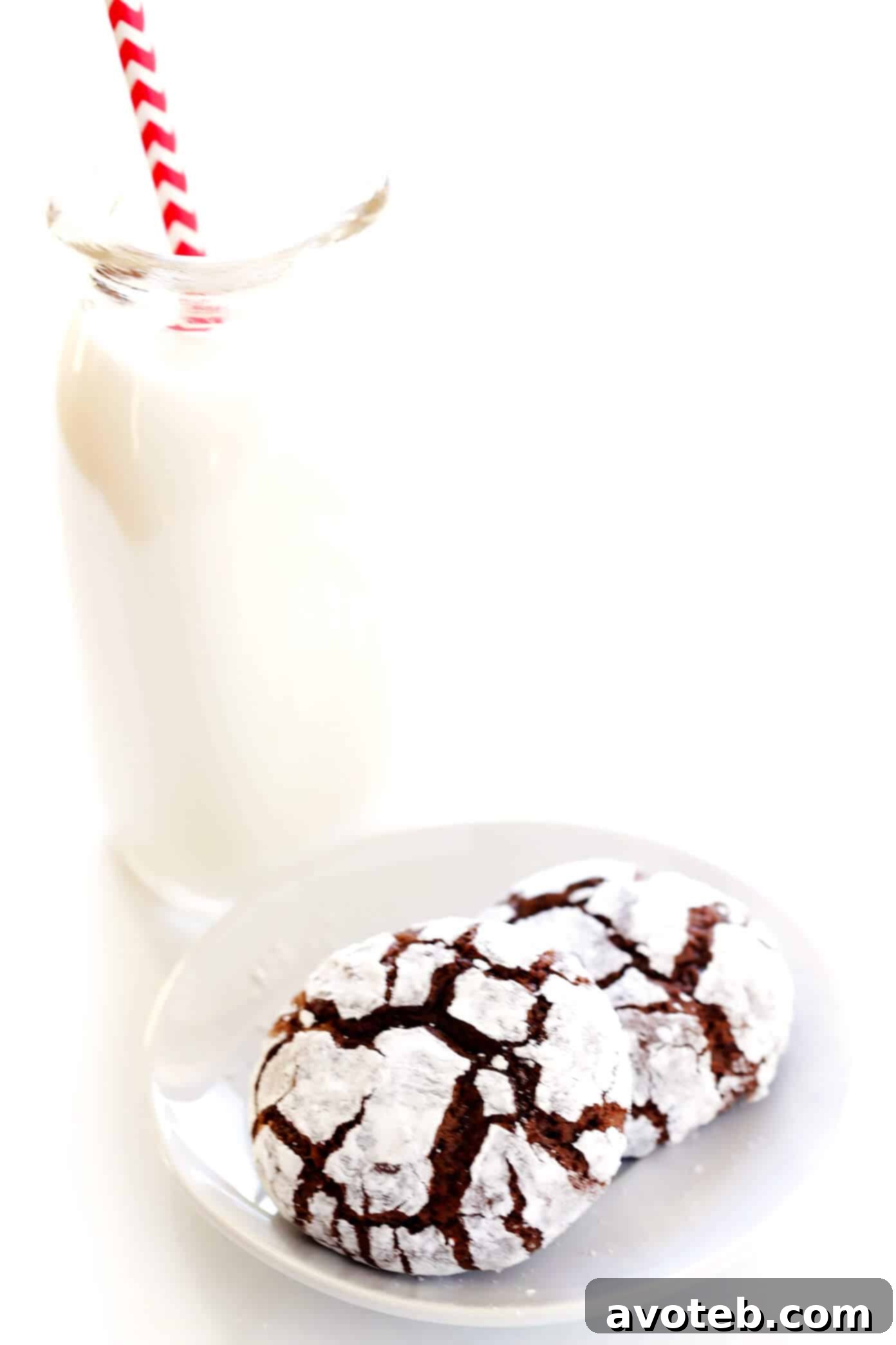 Chocolate Crinkle Cookies paired with a glass of milk.