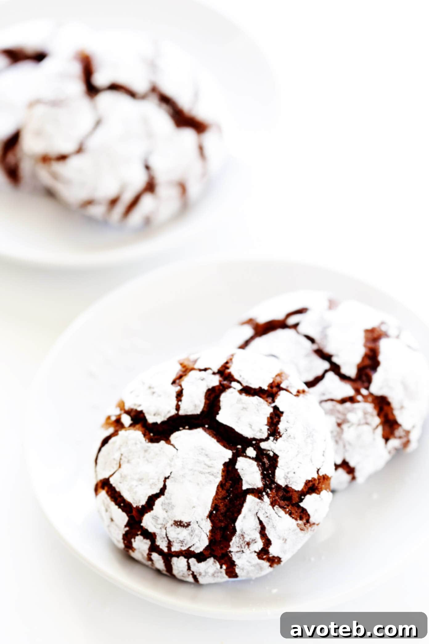 Plates of freshly baked Chocolate Crinkle Cookies, ready to be served.