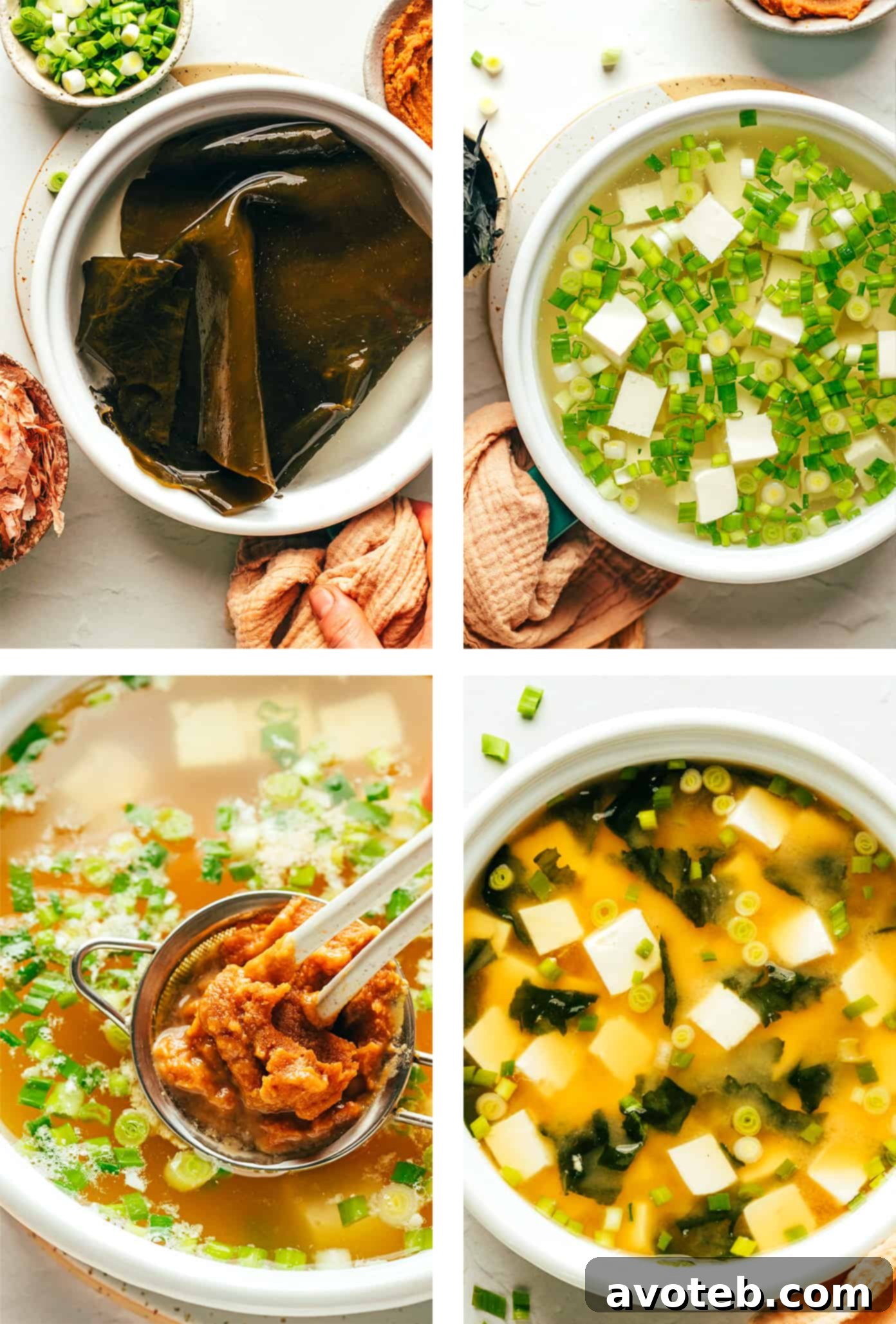 A series of step-by-step photos illustrating the process of making traditional miso soup.