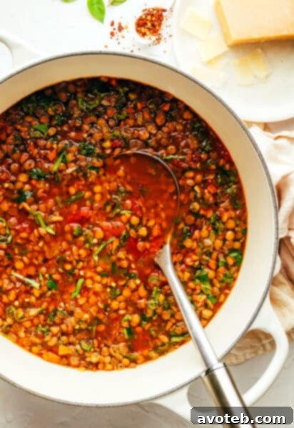 Italian Lentil Soup with Parmesan and Basil Garnish