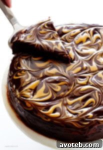 Peanut Butter Flourless Chocolate Cake with ganache swirl.