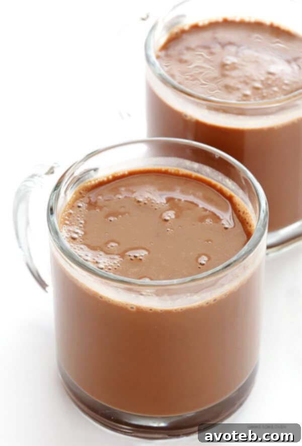 Velvet Nut Blend Hot Chocolate 5 A full mug of hot Cashewmilk Hot Chocolate with a spoon, highlighting its thick and creamy texture. Vegan and delicious. | gimmesomeoven.com