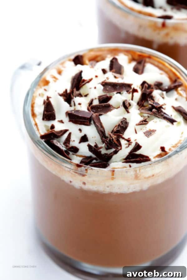 Velvet Nut Blend Hot Chocolate 6 Two mugs of Almondmilk Cashewmilk Hot Chocolate, one topped with whipped cream and chocolate shavings, the other plain. Perfect for sharing. | gimmesomeoven.com