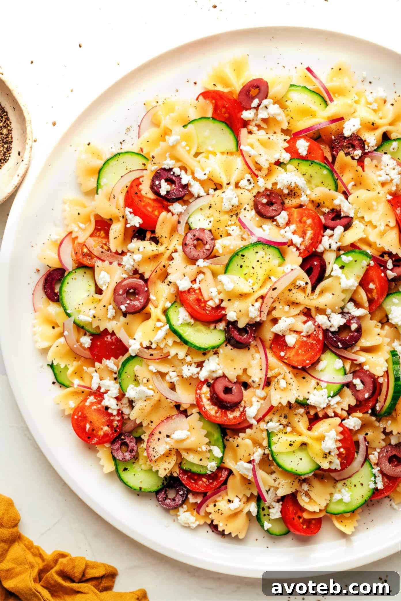 Mediterranean Pasta Salad with fresh vegetables and feta