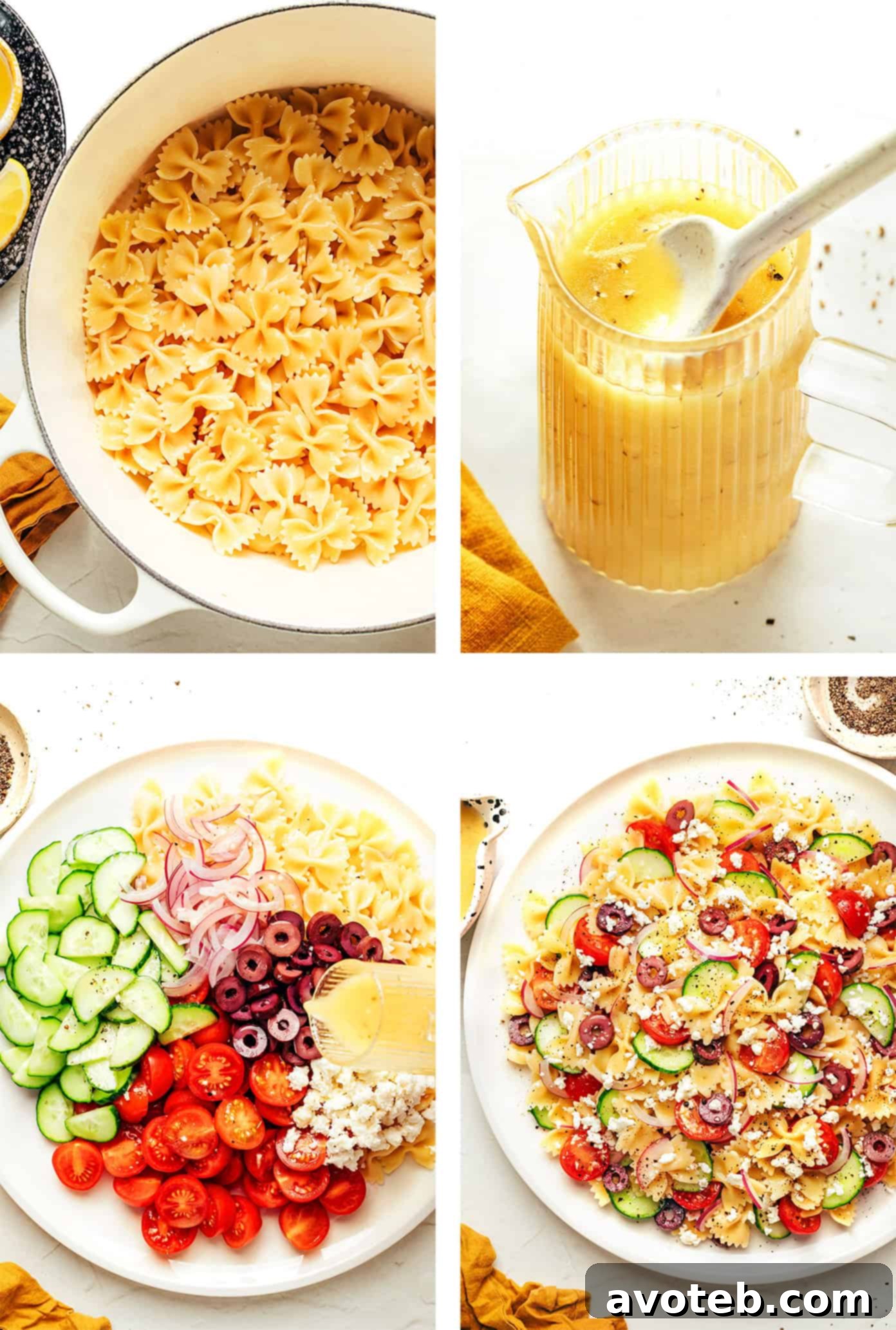 Ingredients for Mediterranean Pasta Salad on a wooden board