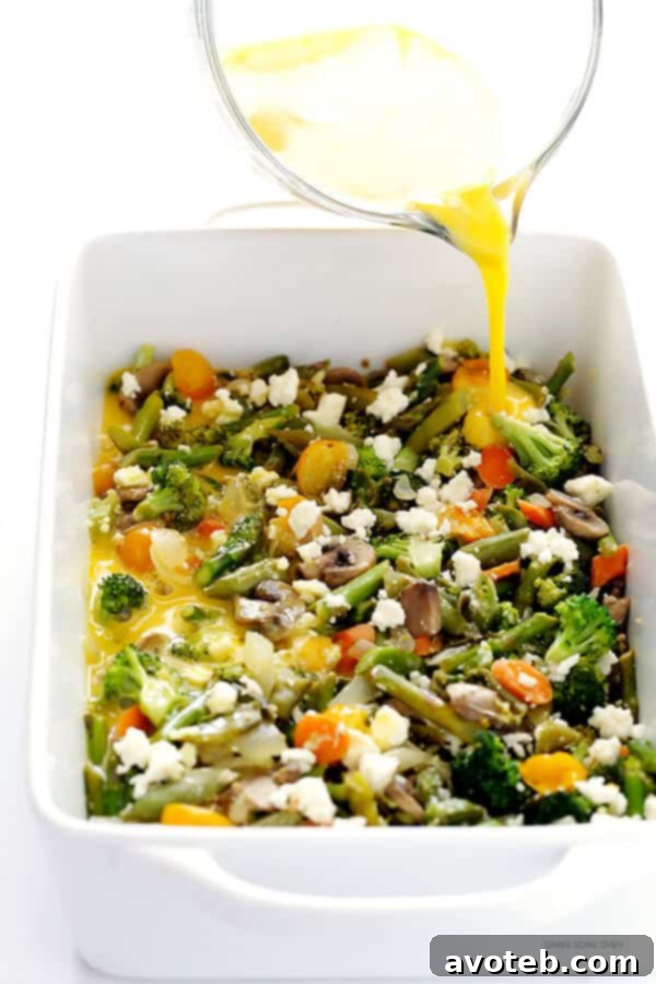 Fresh Spring Egg Bake 4 Layering fresh, sautéed spring vegetables and crumbled feta cheese in a baking dish, a key step for our customizable make-ahead egg casserole. So simple yet so flavorful!