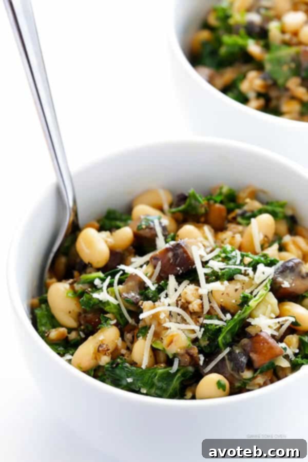 Cooking Process: Sautéing Mushrooms and Kale for Creamy Farro