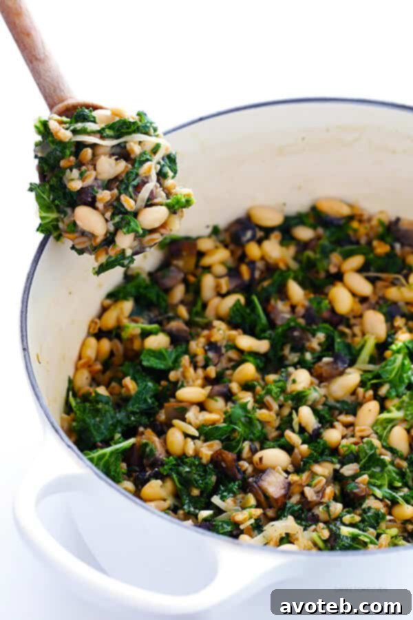 A Bowl of Creamy Farro with White Beans and Kale, Ready to Enjoy