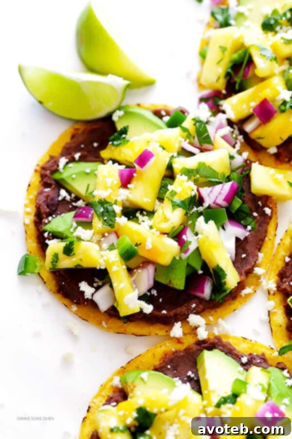 10-Minute Pineapple Black Bean Tostadas -- quick and easy to make, and perfect as an easy vegetarian dinner or snack! | gimmesomeoven.com