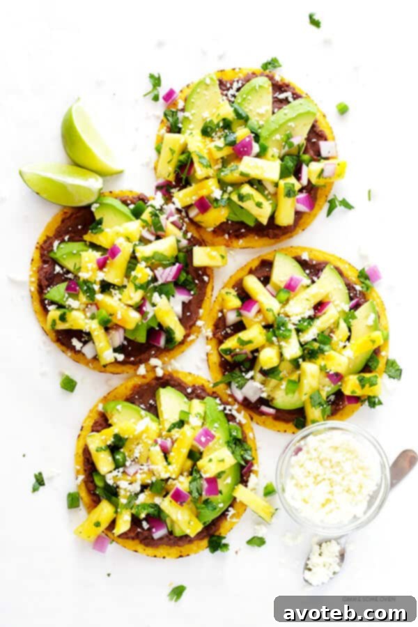 10-Minute Pineapple Black Bean Tostadas -- quick and easy to make, and perfect as an easy vegetarian dinner or snack! | gimmesomeoven.com