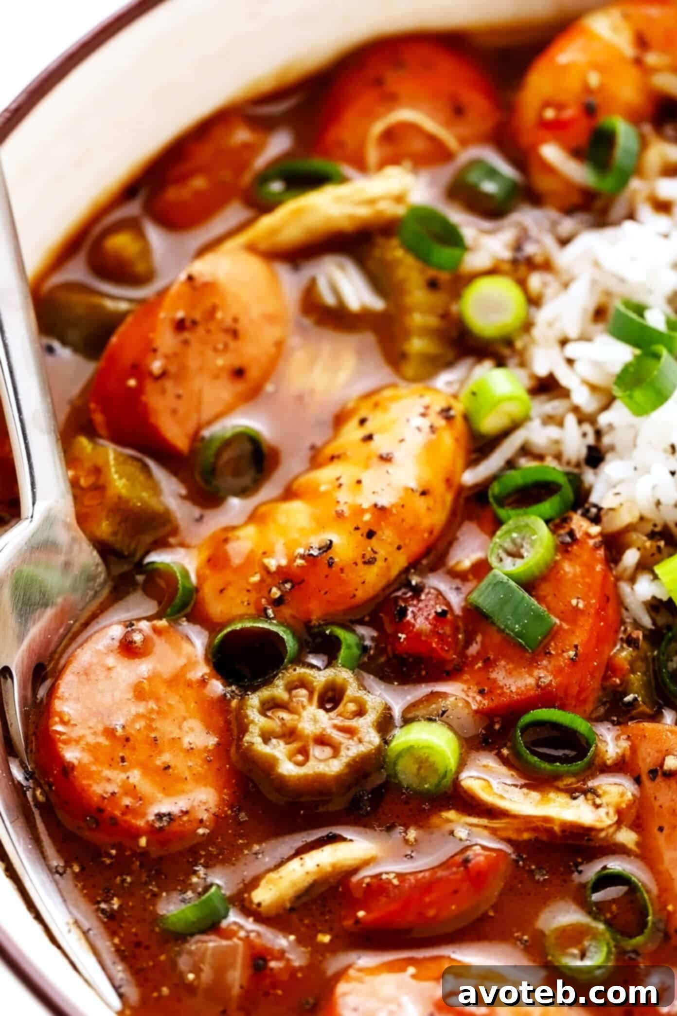 Ultimate Gumbo 5 Closeup of Andouille Sausage, Shrimp and Chicken Gumbo with Rice