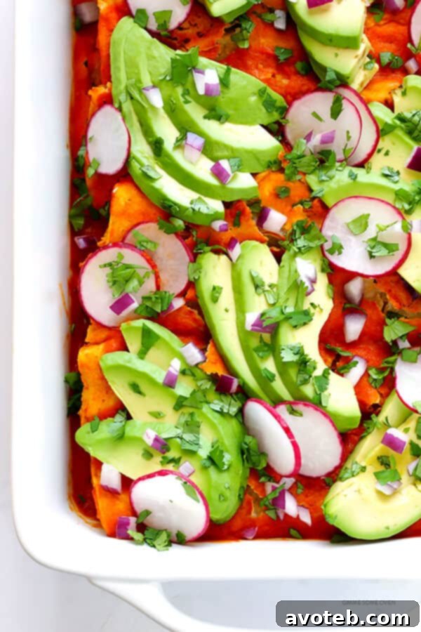 Ultimate Vegan Enchiladas 6 Baked Vegan Enchiladas topped with fresh avocado, cilantro, and red onion.