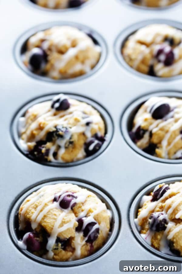 Close-up of fluffy Healthier Blueberry Muffins with a golden-brown top, showcasing the perfect texture and abundant blueberries. | gimmesomeoven.com